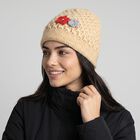 Women's Beige Floral Embellished Beanie Cap, गहरा पीला, small