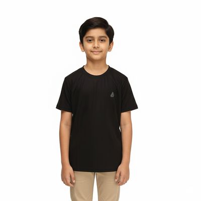 Boys Jet Black Round Neck Casual Half Sleeve T-Shirt