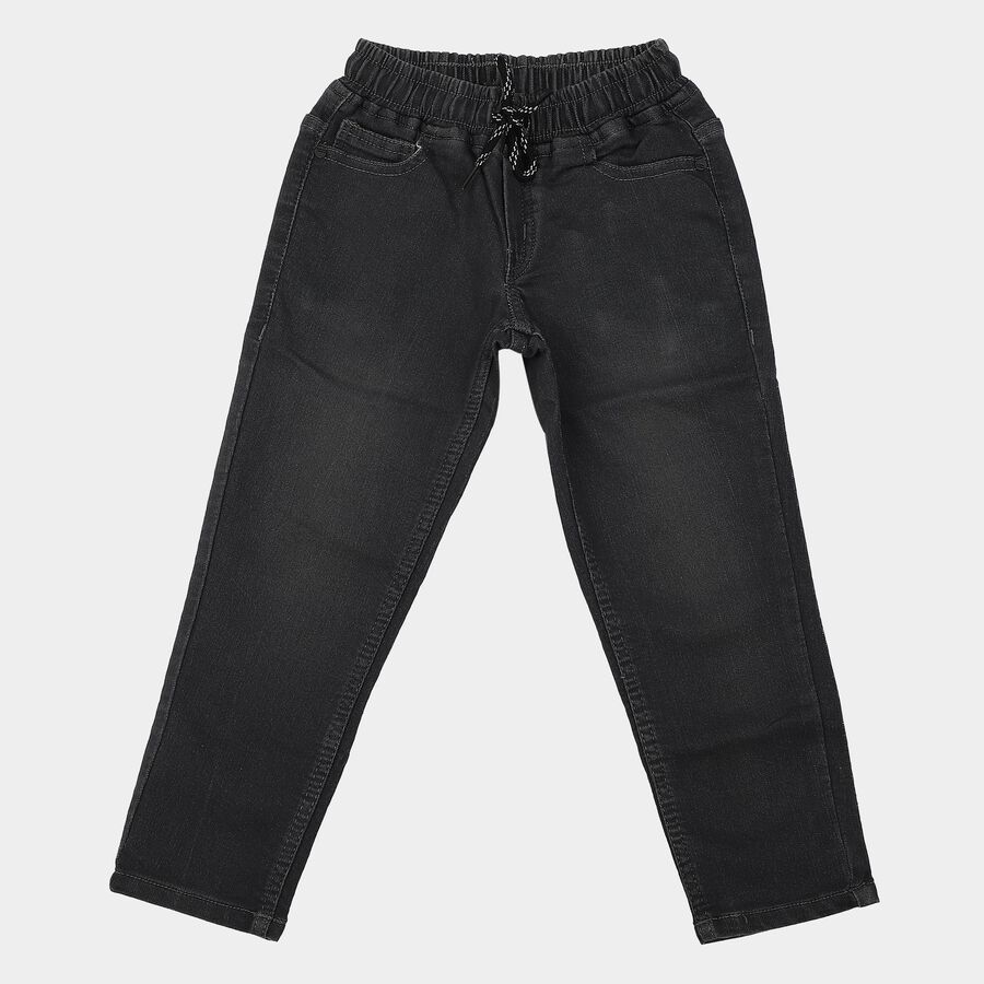Boys Dark Grey Straight Fit Drawstring Waist Jeans, गहरा ग्रे, large