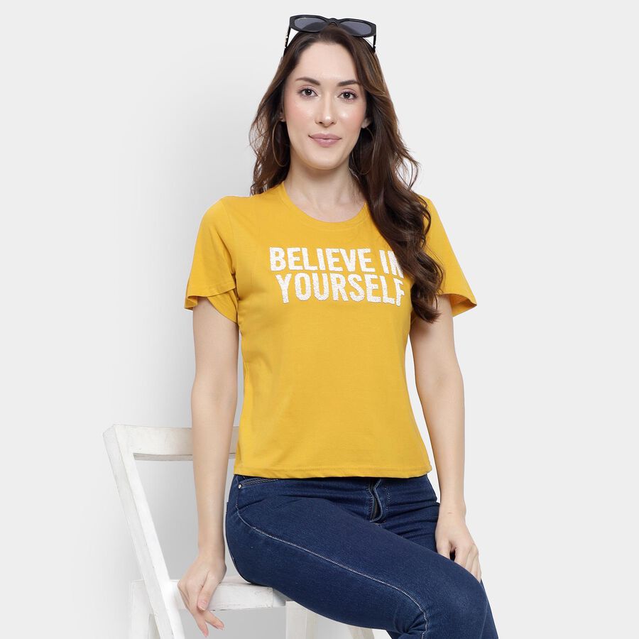 Ladies' 100% Cotton Round Neck T-Shirt, मस्टर्ड, large