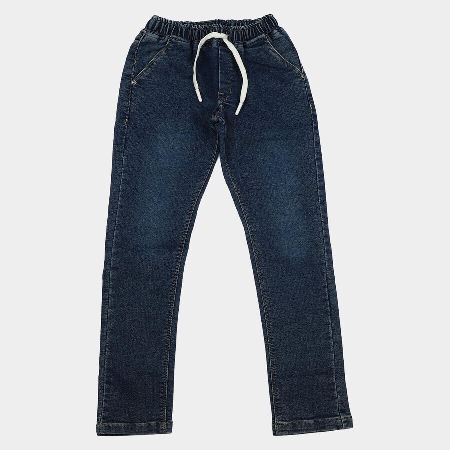 Boys' Navy Blue Slim Fit Drawstring Waist Jeans, मध्यम नीला, large