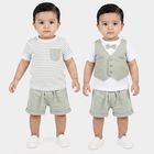 Infants' Mint Green Cotton Round Neck Striped Baba Suit, Light Green, small