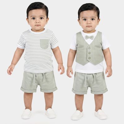 Infants' Mint Green Cotton Round Neck Striped Baba Suit