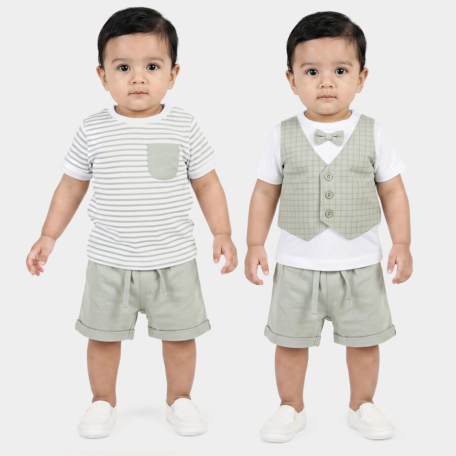 Infants' Mint Green Cotton Round Neck Striped Baba Suit, Light Green, large