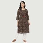 Women's Brown Cotton Round Neck Floral Printed Straight Kurta, Brown, small