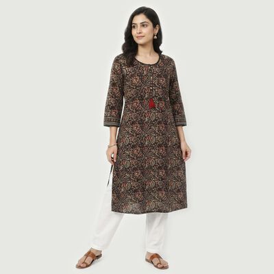 Women's Brown Cotton Round Neck Floral Printed Straight Kurta