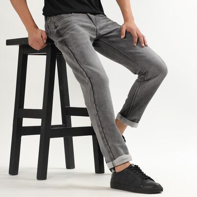 Men's Dark Blue Slim Fit Five Pocket Jeans, हल्का ग्रे Men's Dark Blue Slim Fit Five Pocket Jeans