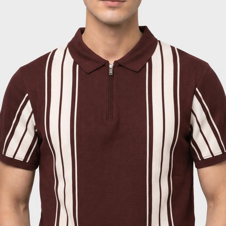 Men's Wine Polo Neck Striped Polo T-Shirt, वाइन, large
