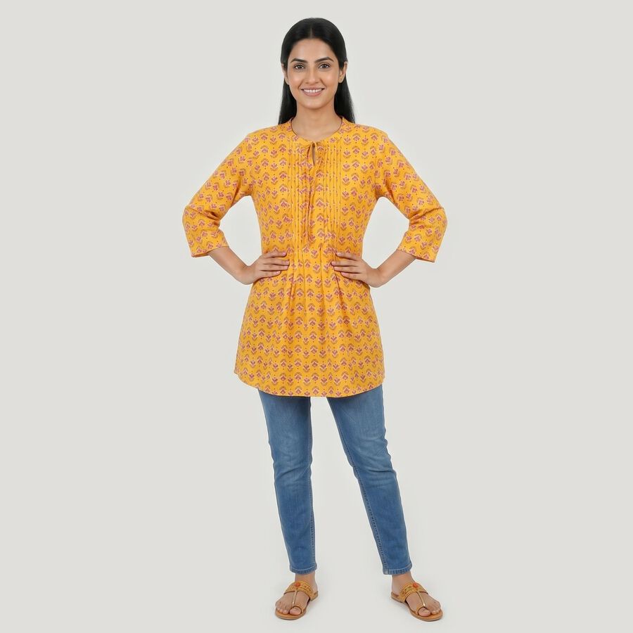 Women's Yellow Round Neck Printed Straight Kurti, Yellow, large