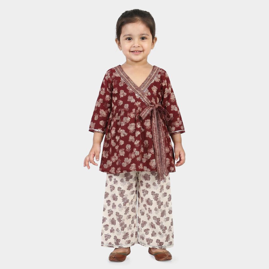 Girls Wine V Neck Fusion Set Upper and Bottom Set, वाइन, large