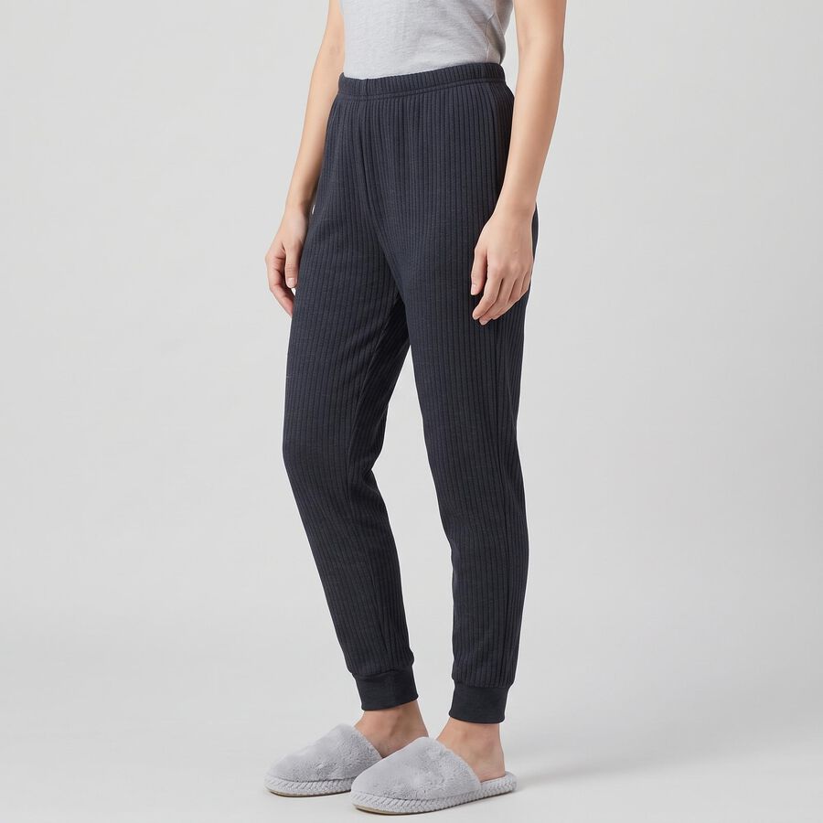 Women's Navy Blue Ribbed Thermal, मध्यम नीला, large