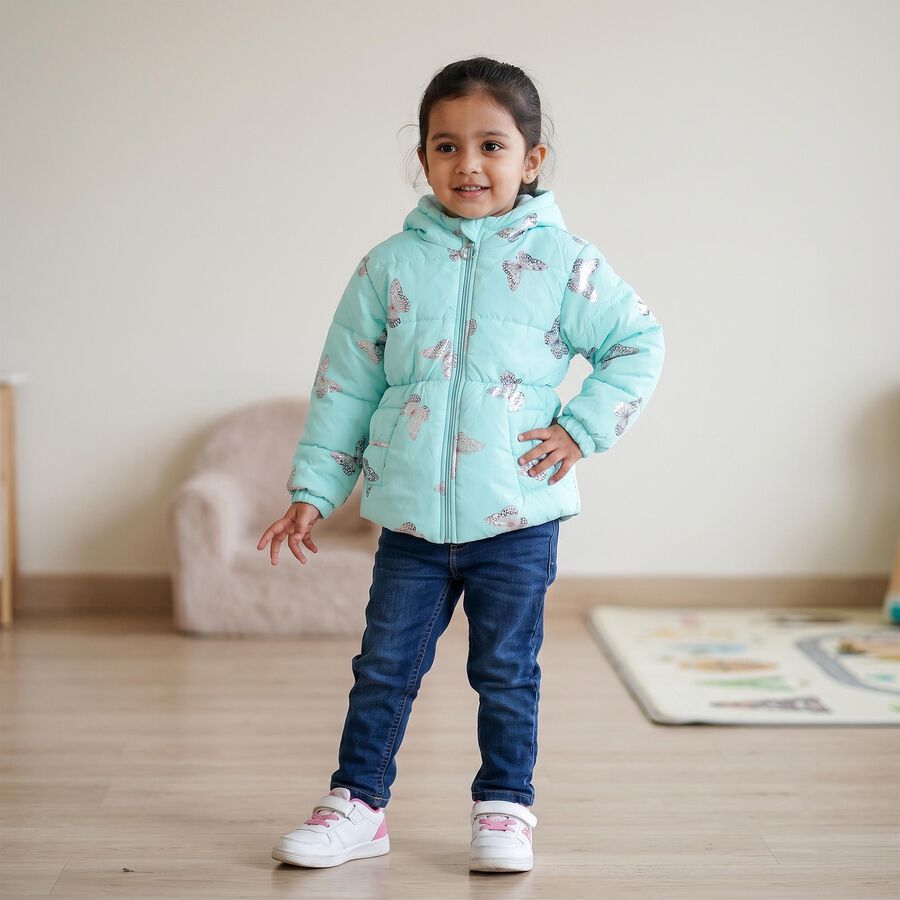 Girls' Aqua Hooded Puffer Jacket, Aqua, large