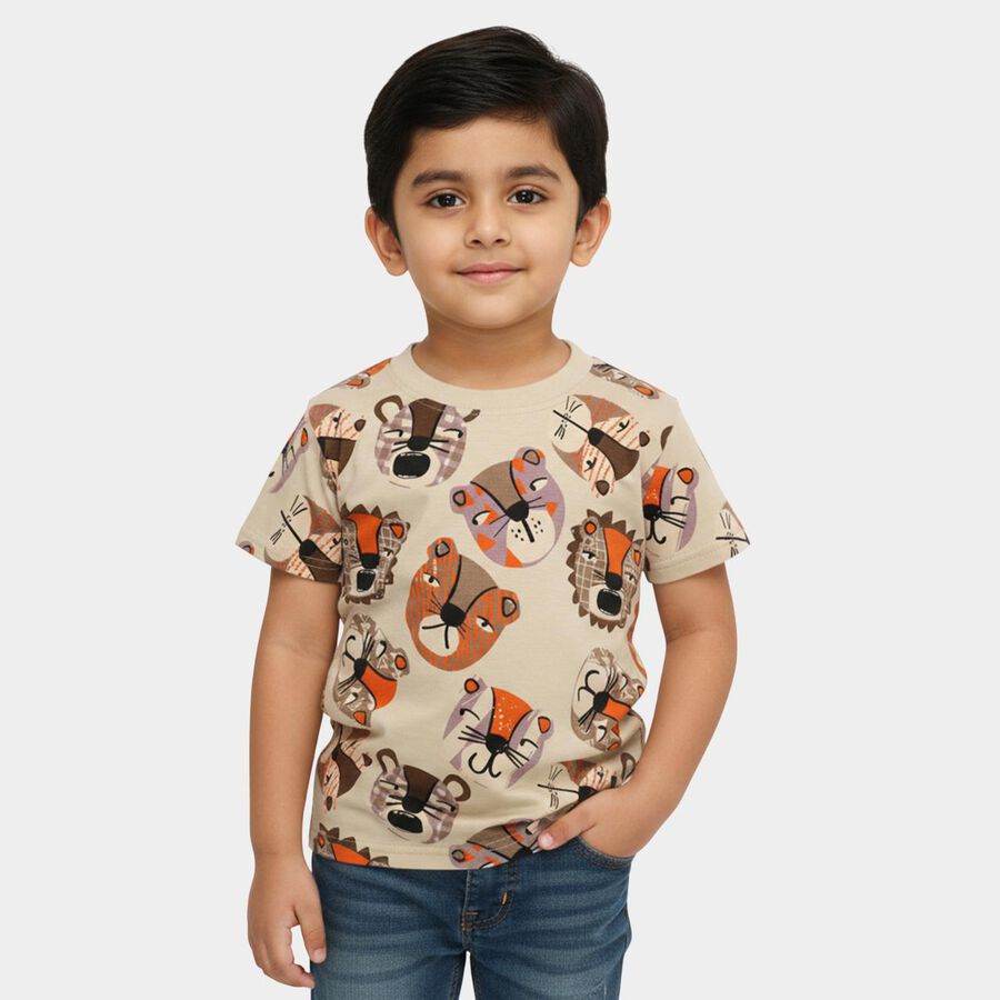 Boys Beige Cotton Round Neck Casual T-Shirt, Beige, large