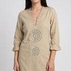 Women's Beige Cotton V-Neck Embellished Kurta, Beige, small