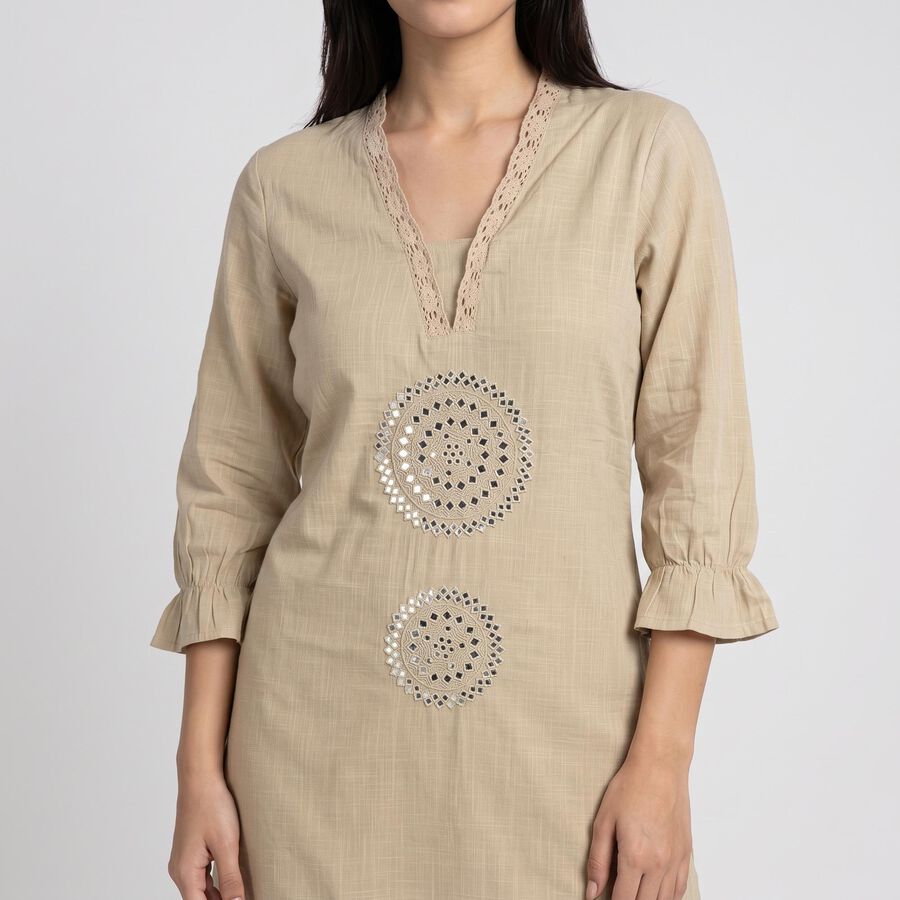 Women's Beige Cotton V-Neck Embellished Kurta, Beige, large