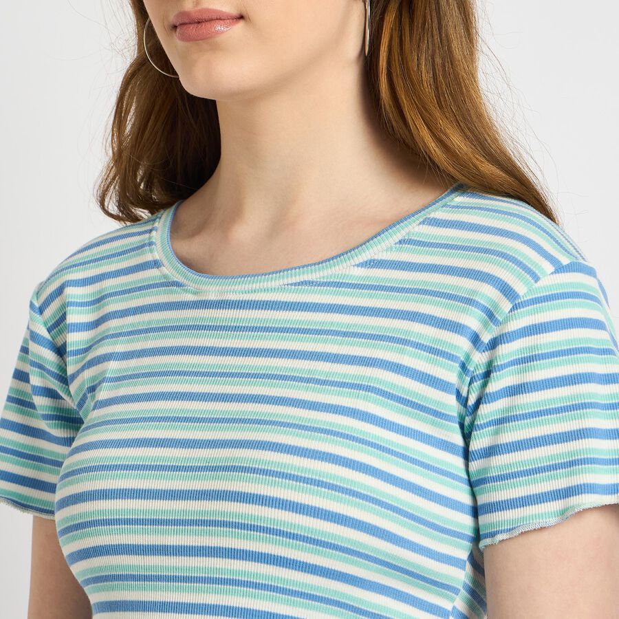 Ladies'  Stripes Round Neck T-Shirt, नीला, large