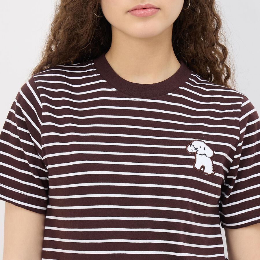 Women's Dark Chocolate Brown Cotton Round Neck Minimalist T-Shirt, Brown, large