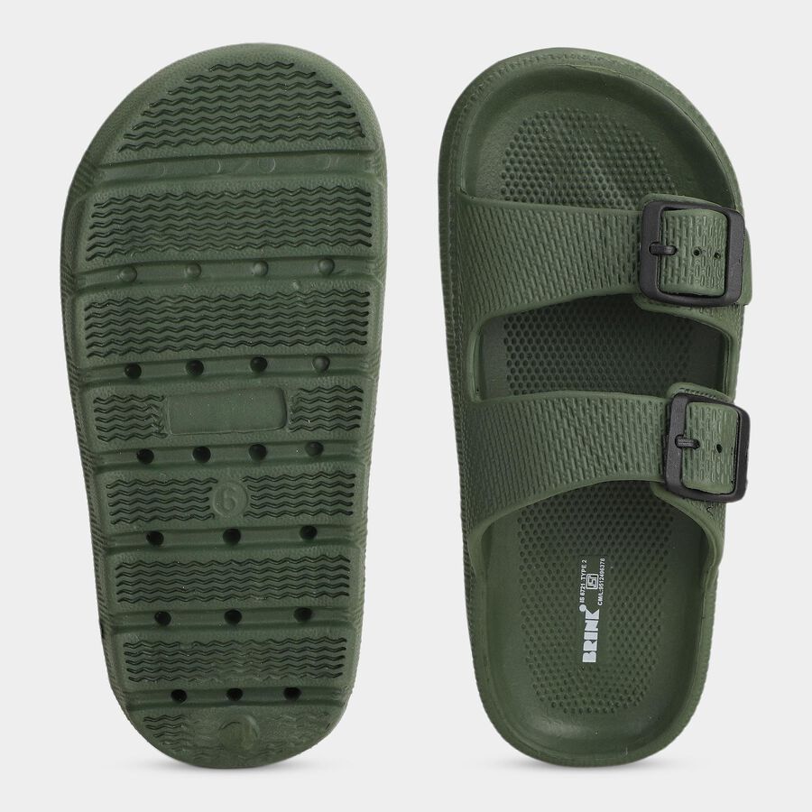 Men Olive Green Adjustable Buckle Sliders Slippers, Olive, large