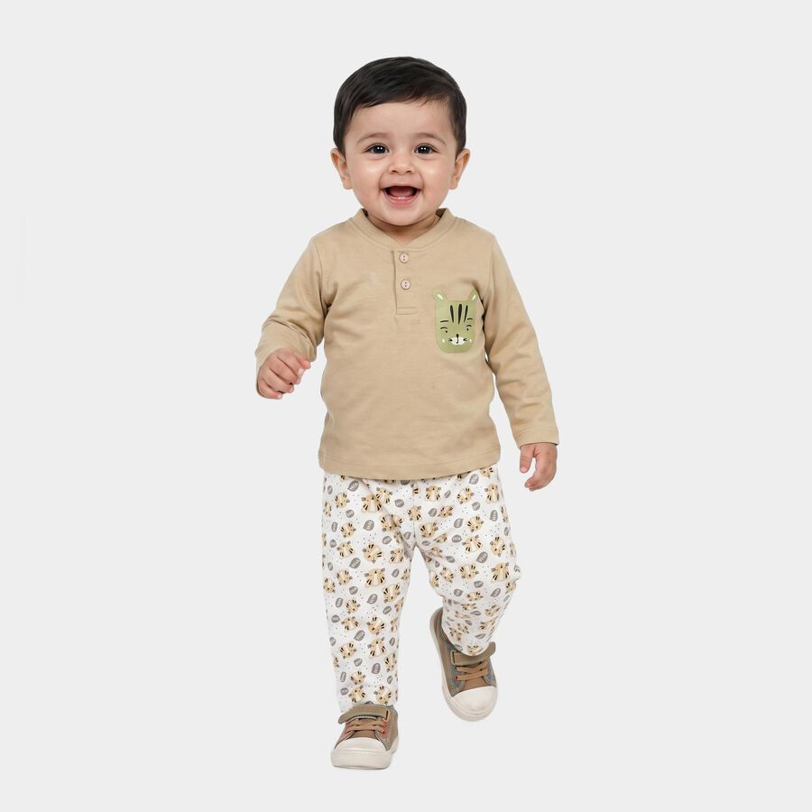 Infants' Beige 100% Cotton Henley Neck Graphic Print Baba Suit, गहरा पीला, large
