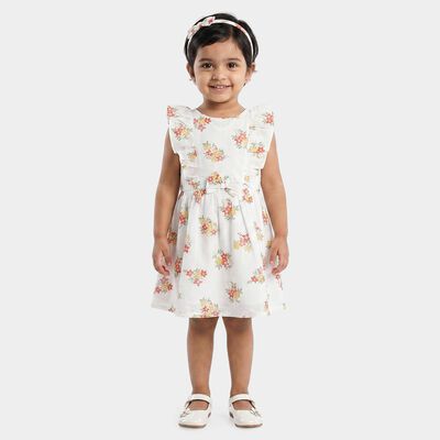 Girls' White Floral Printed Fit and Flare Frock