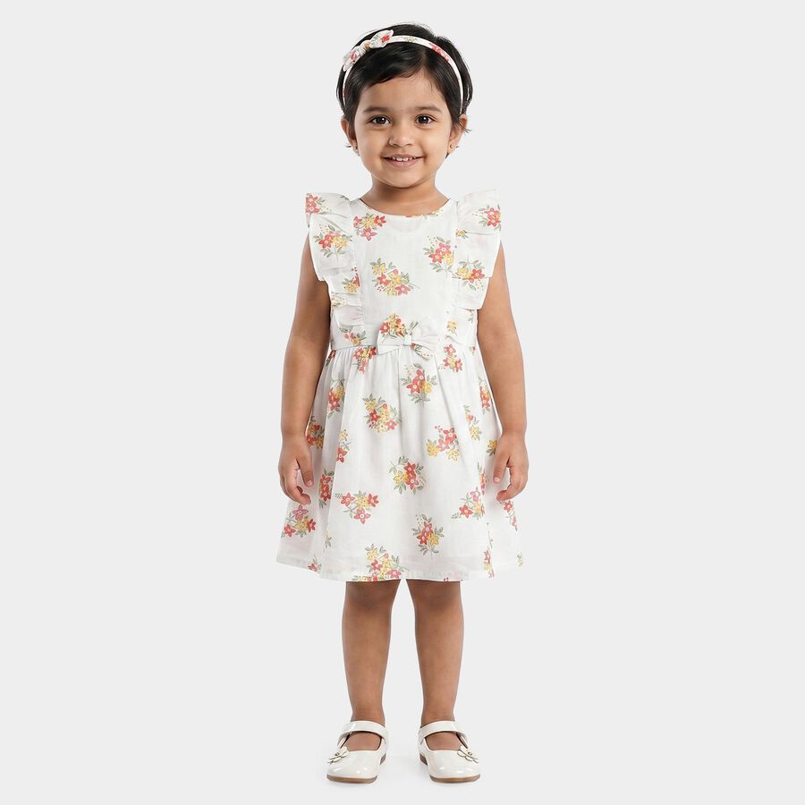 Girls' White Floral Printed Fit and Flare Frock, Off White, large