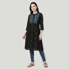 Women's Black Band Collar Embroidered Kurta, Black, small