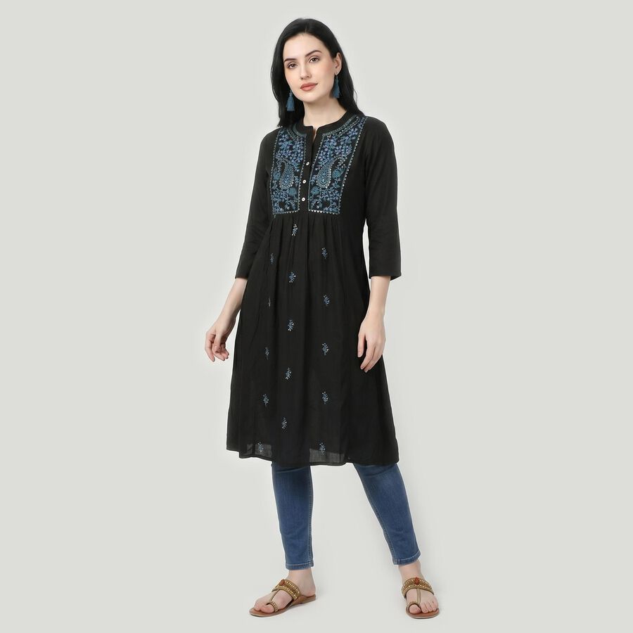 Women's Black Band Collar Embroidered Kurta, Black, large