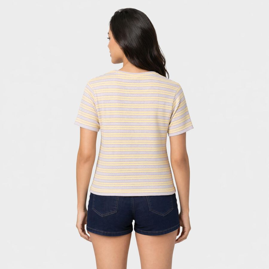 Women's Lemon Round Neck Striped Regular T-Shirt, Lemon, large