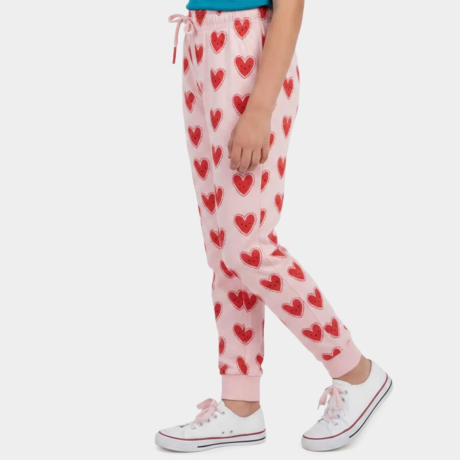 Girls Light Pink Regular Fit Heart Printed Pyjama, Light Pink, large