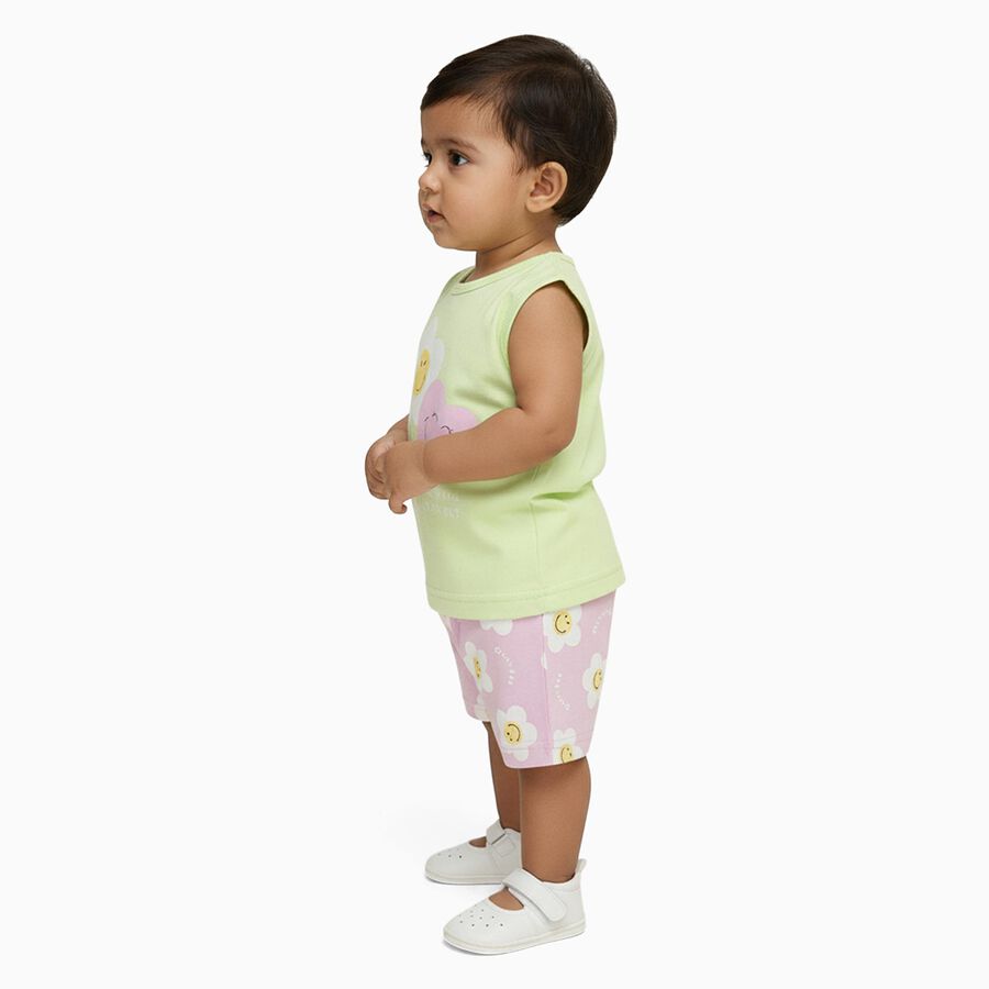 Infant Light Pastel Green Cotton Sleeveless Casual Shorts Set, Light Green, large