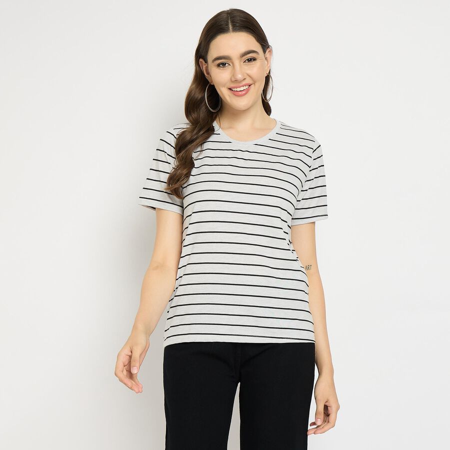 Ladies'  Stripes Round Neck T-Shirt, Melange Light Grey, large image number null