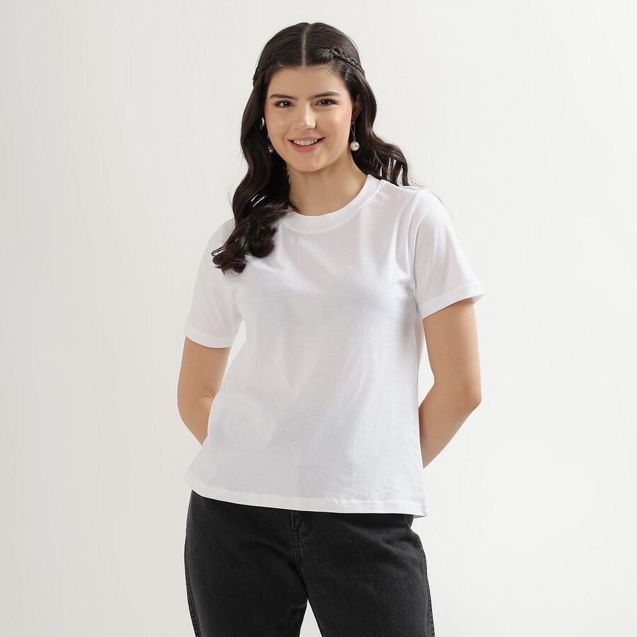 Women's Bright Snow White Cotton Round Neck T-Shirt, White, large image number null