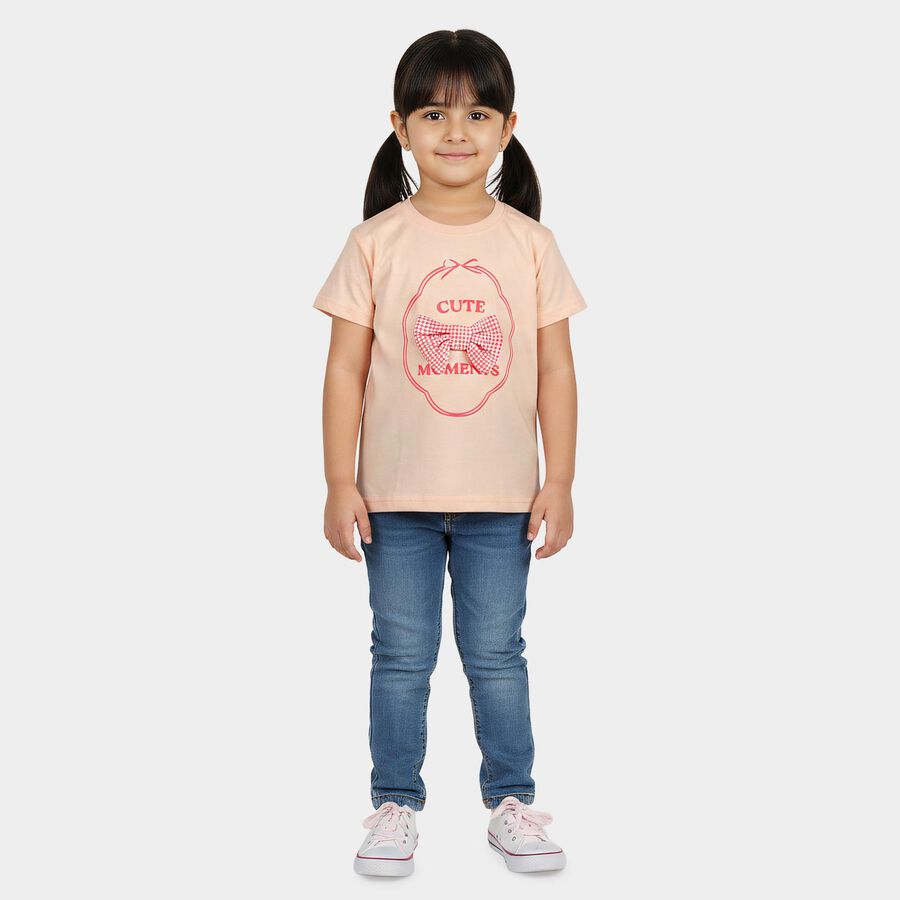 Girls Light Pink Cotton Round Neck Casual T-Shirt, Light Pink, large