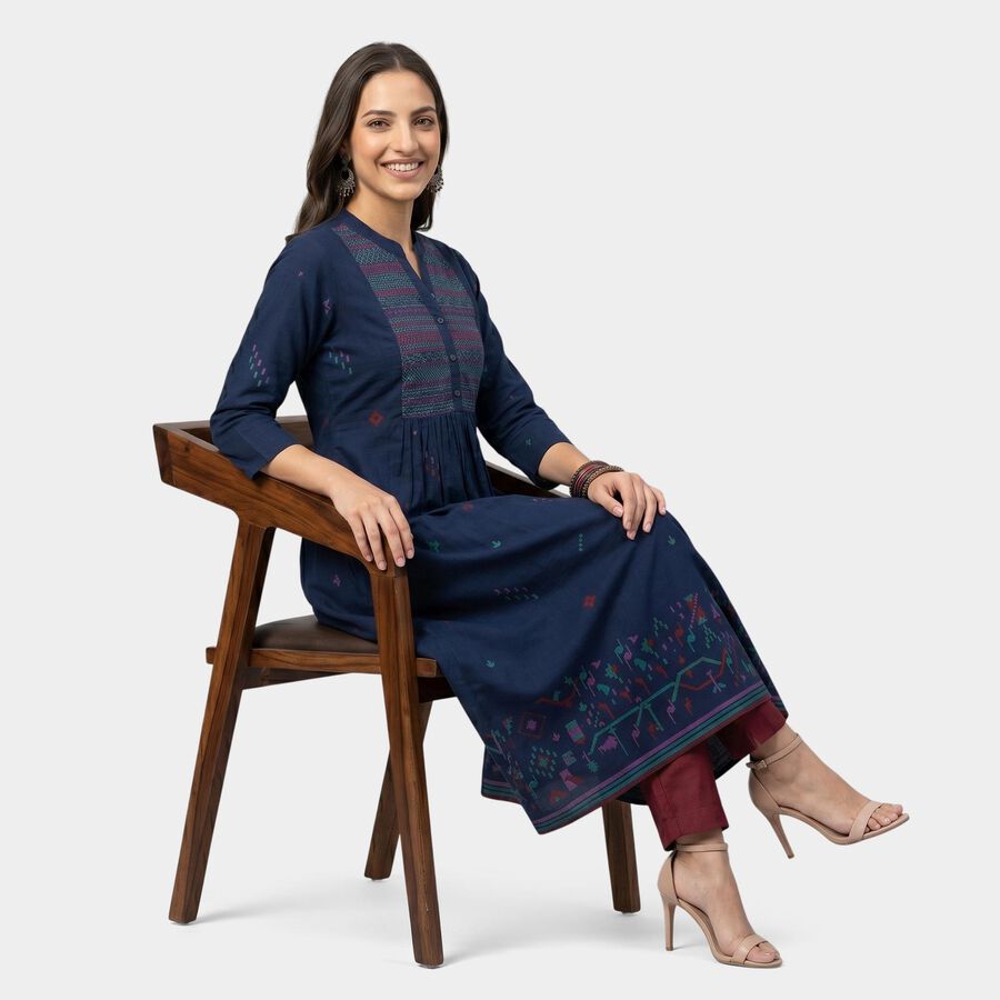 Women's Blue Cotton Mandarin Collar Printed Kurta, Navy Blue, large