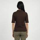Women's Brown Cotton Blend Polo Neck Preppy Polo T-Shirt, Brown, small