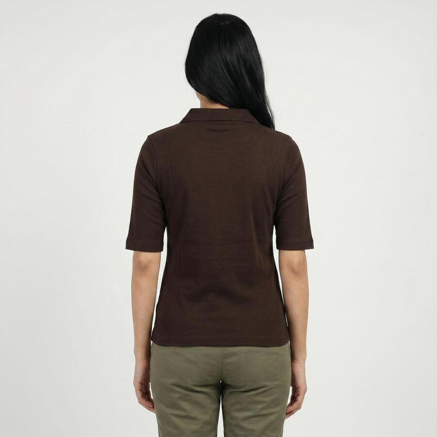 Women's Brown Cotton Blend Polo Neck Preppy Polo T-Shirt, Brown, large