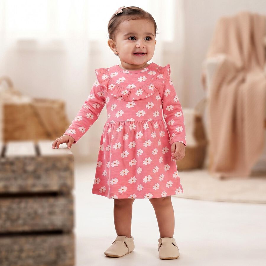 Infants' Pink Floral Printed Fit and Flare Frock, गुलाबी, large