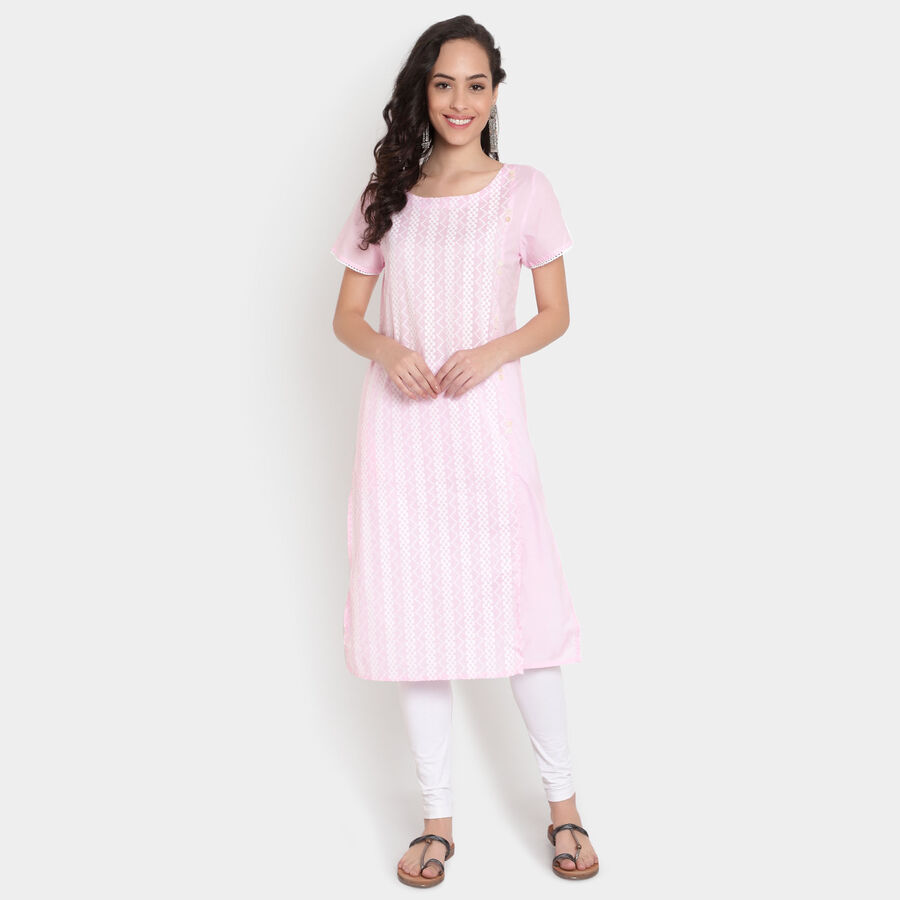 Cotton Embroidered Short Sleeves Kurta, Pink, large image number null