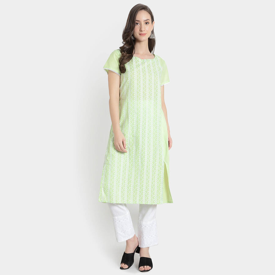 Cotton Embroidered Short Sleeves Kurta, Light Green, large image number null
