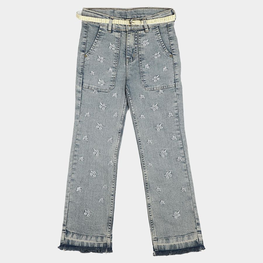 Girls' Light Blue Straight Fit Embroidered Jeans, मध्यम नीला, large