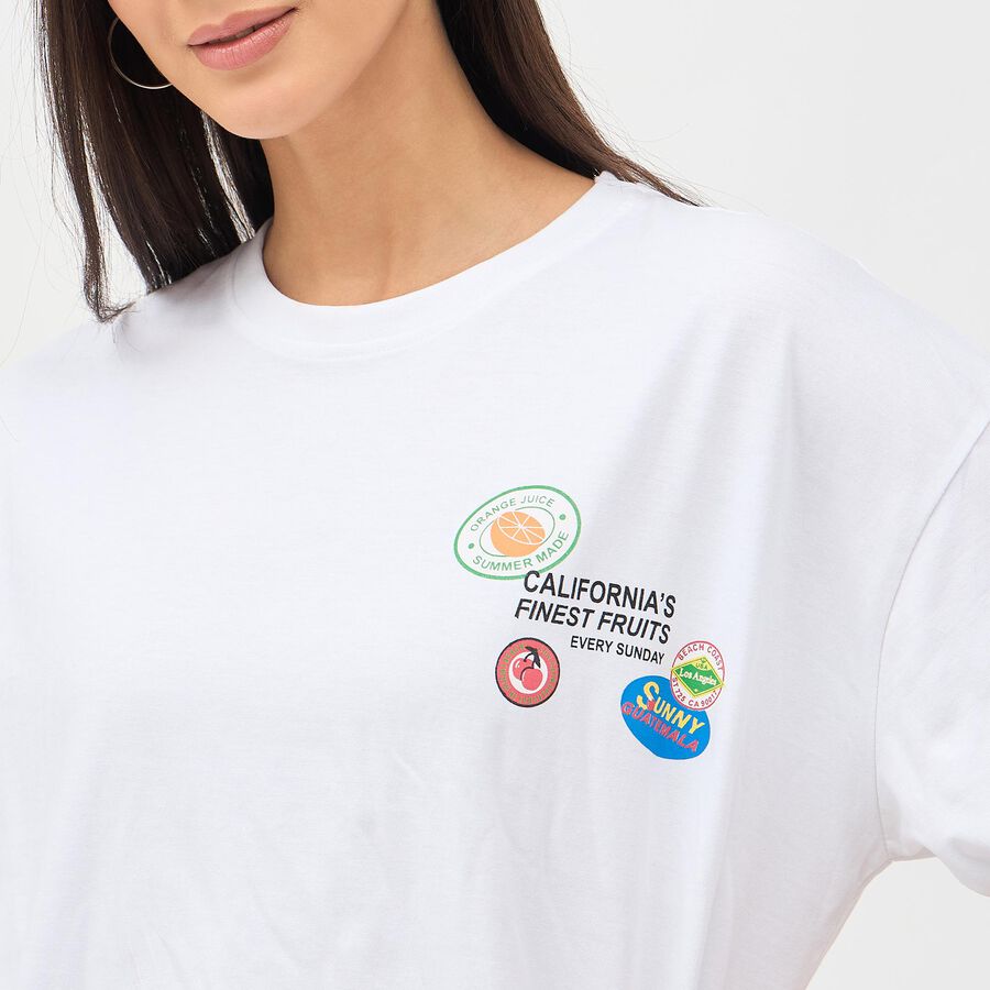 Women's Bright White Cotton Round Neck Oversized T-Shirt, ऑफ व्हाइट, large image number null