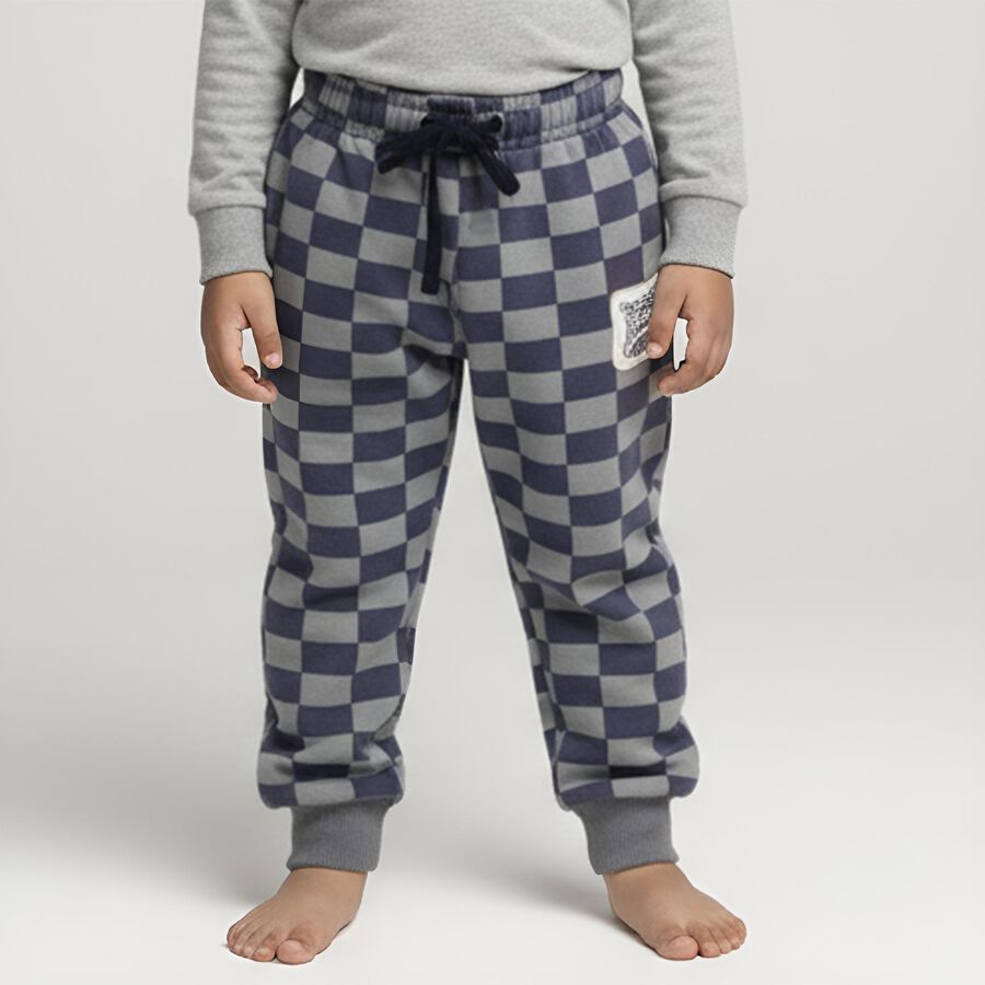 Boys' Navy Blue and Grey Checkered Elastic Waist Pyjama, मध्यम नीला, large image number null