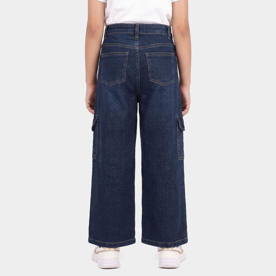 Girls Navy Blue Cargo Fit Washed Jeans, गहरा नीला, large