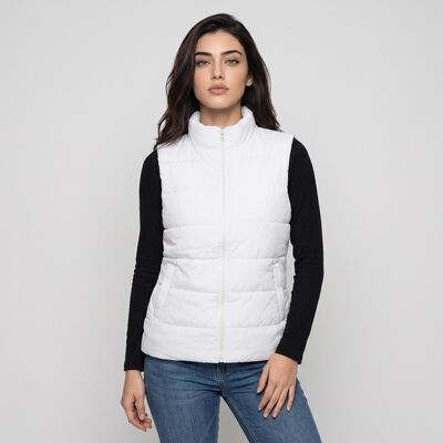Women's White Sleeveless Stand Collar Puffer Jacket