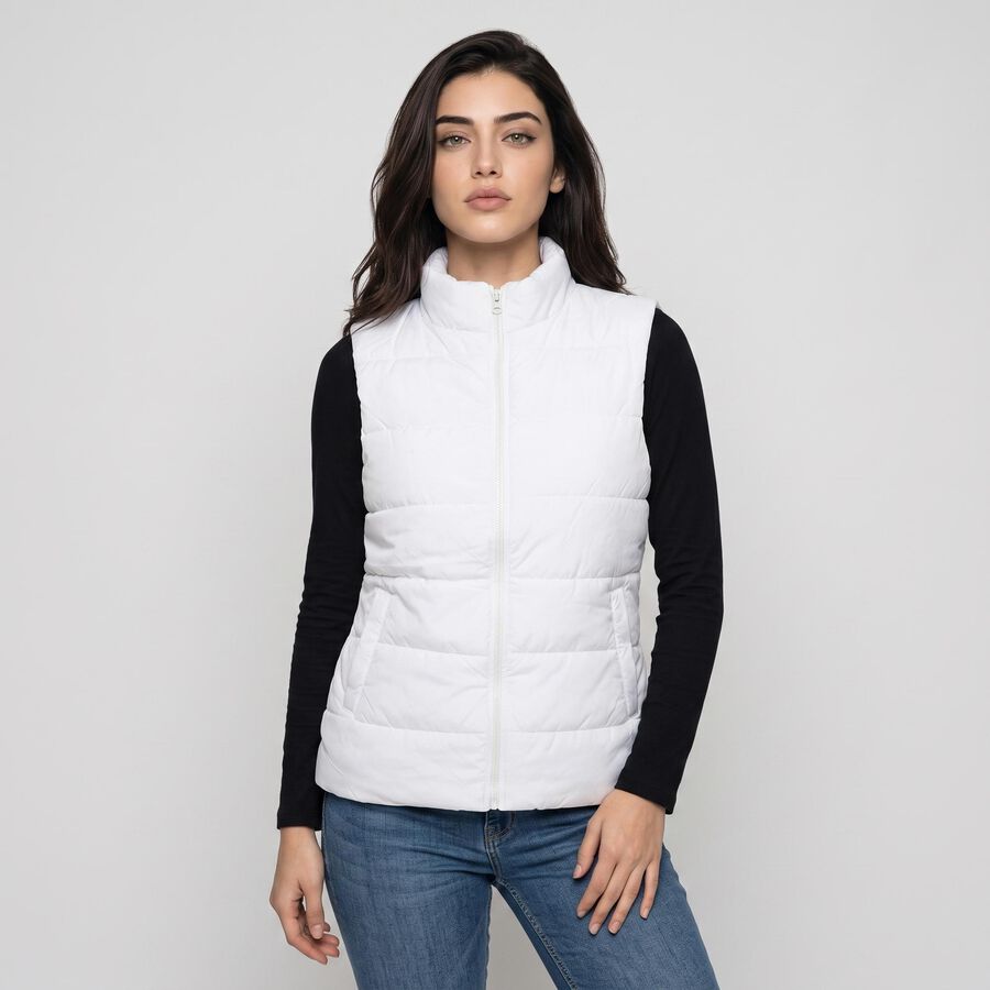 Women's White Sleeveless Stand Collar Puffer Jacket, White, large