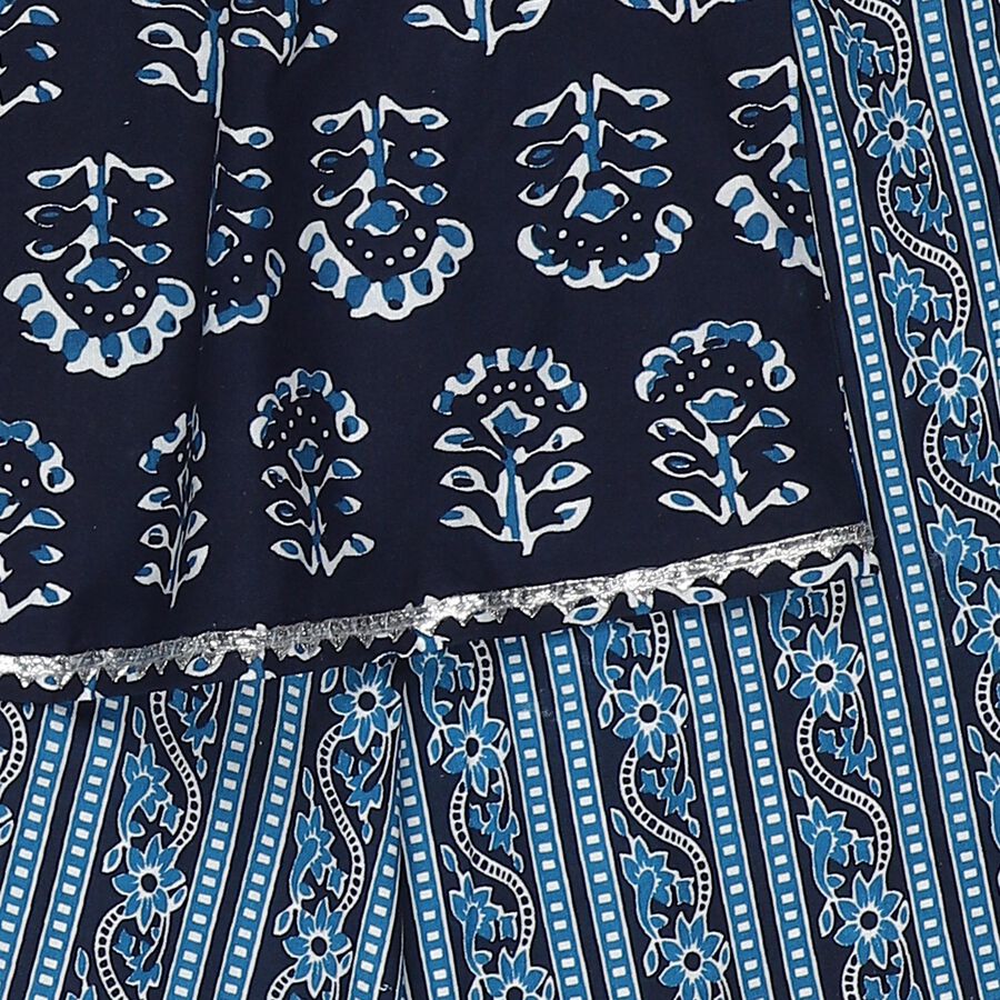 Girls' Navy Blue Round Neck Printed Flared Kurta and Palazzo Fusion Set, नेवी ब्लू, large