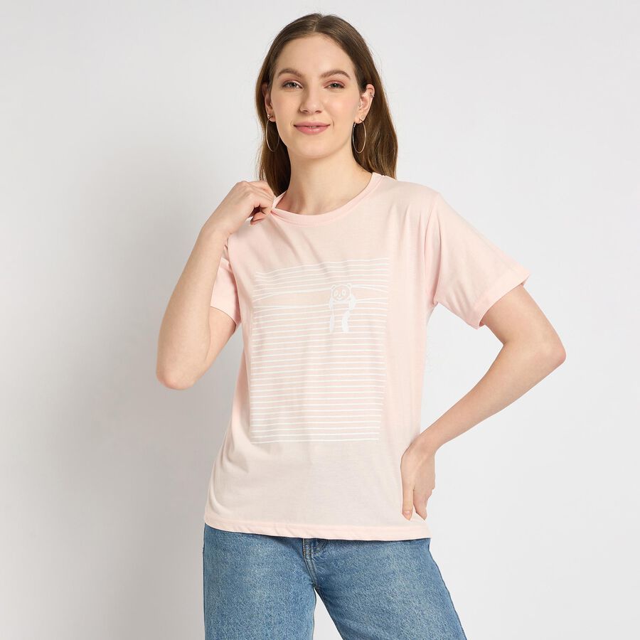 Ladies'  Stripes Round Neck T-Shirt, Light Pink, large