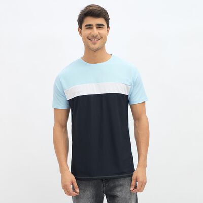 Men's Light Blue and Navy Crew Neck Athleisure T-Shirt