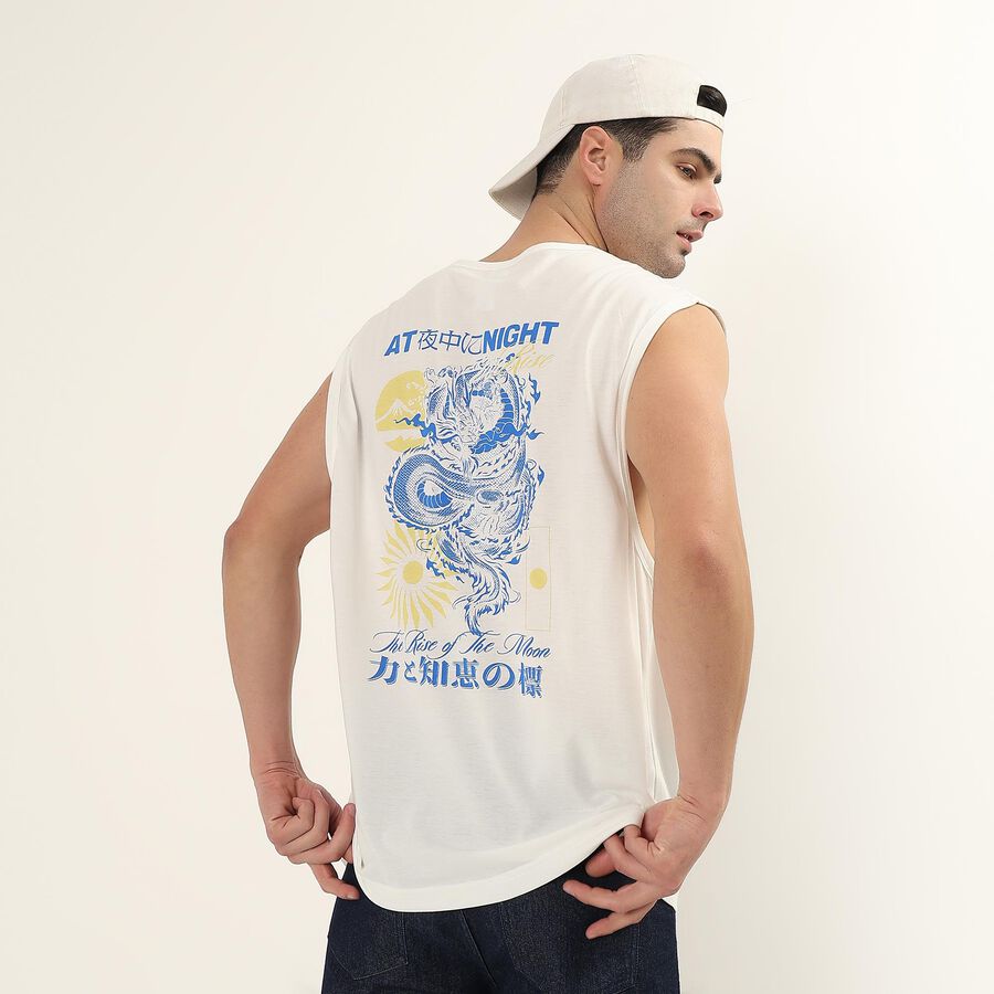 Men's White Round Neck Sleeveless Graphic T-Shirt, White, large