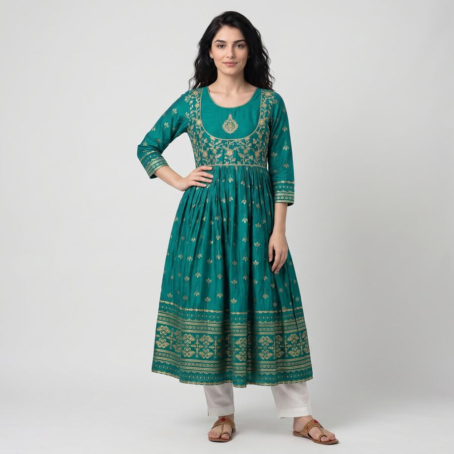 Women's Aqua Scoop Neck Embroidered Kurta, Aqua, large